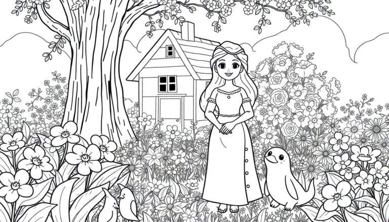 Branca de Neve sorrindo com pássaros e uma cabana na floresta colorida.