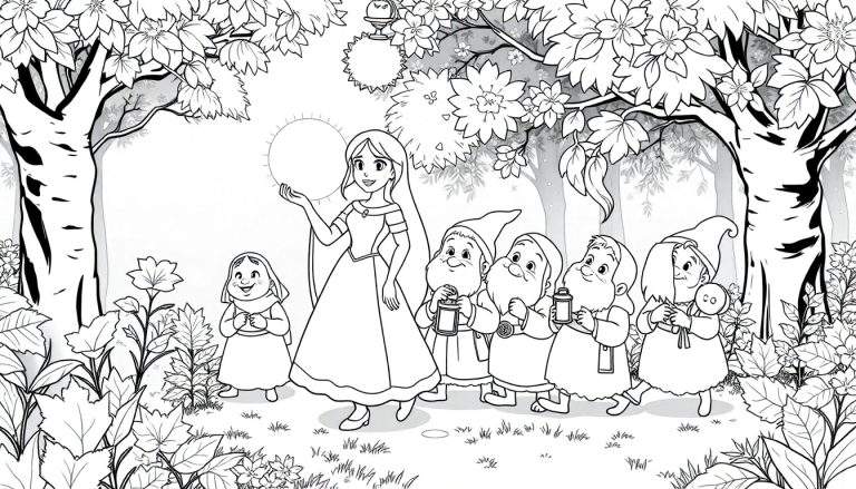 Desenho em preto e branco de Branca de Neve e os Sete Anões em uma floresta, com Branca de Neve segurando uma bola de luz e os anões a seguindo. Adequado para um color panel.