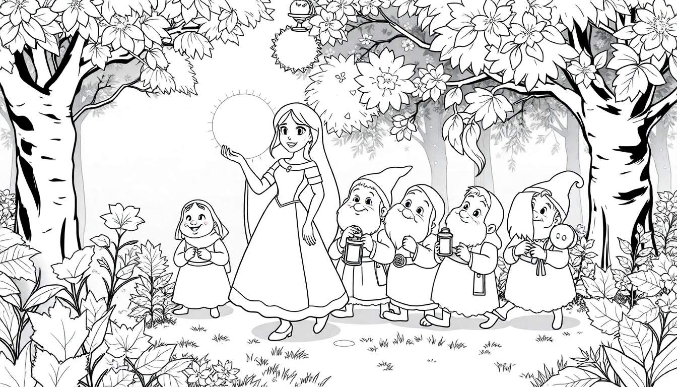 Desenho em preto e branco de Branca de Neve e os Sete Anões em uma floresta, com Branca de Neve segurando uma bola de luz e os anões a seguindo. Adequado para um color panel.