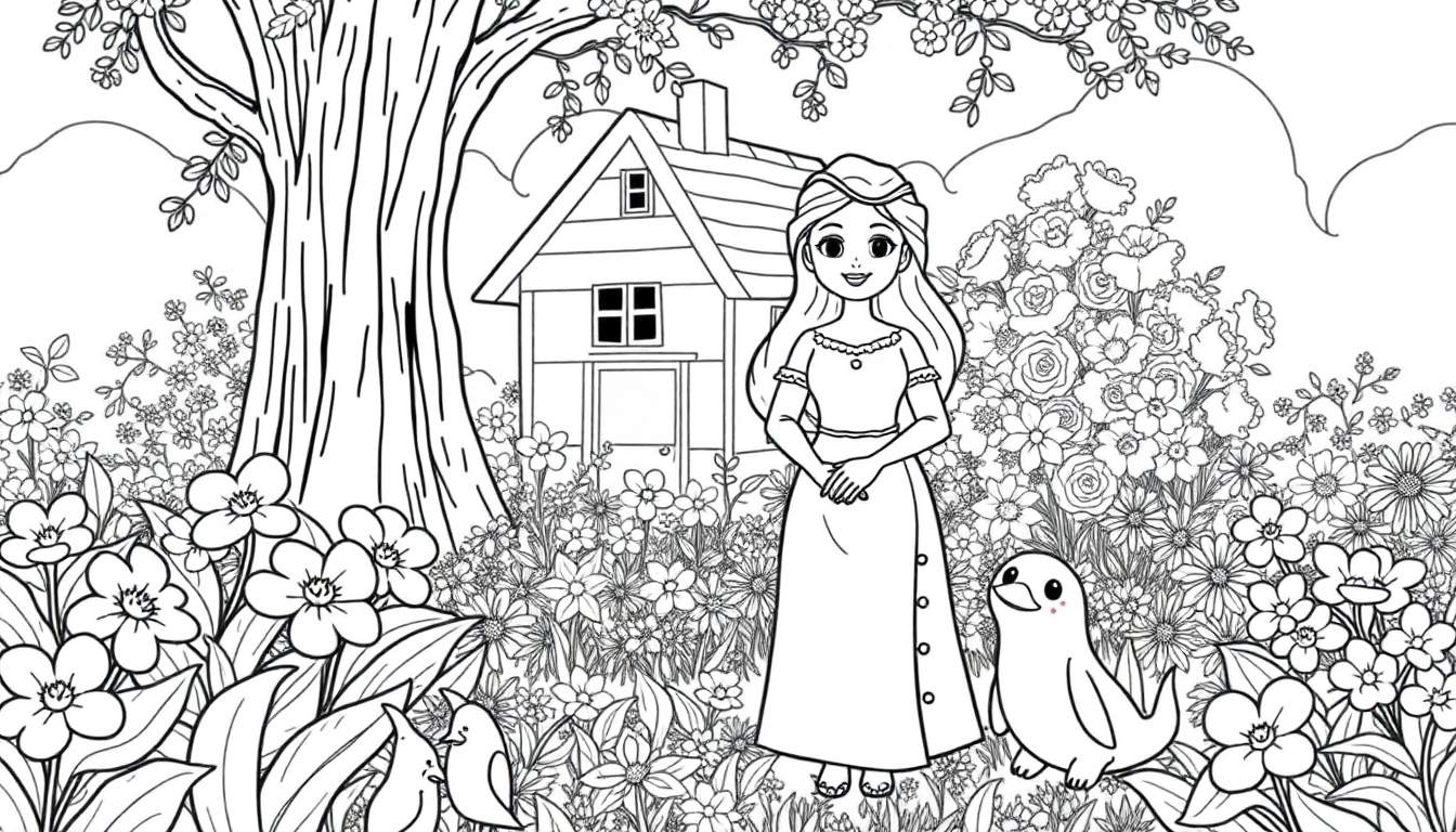 Branca de Neve sorrindo com pássaros e uma cabana na floresta colorida.