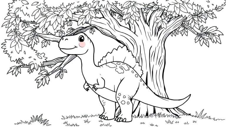 Desenho de um filhote de Braquiossauro sorrindo, com bochecha corada, em pé sob uma árvore frondosa, com grama ao redor. Uma galhada de árvore está próxima.