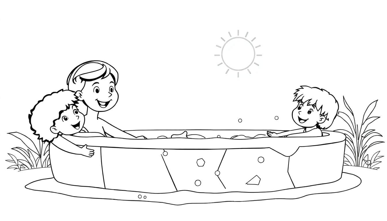 Desenho em preto e branco de três crianças brincando numa banheira ao ar livre sob o sol.
