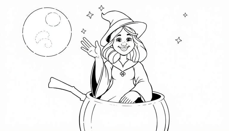 Desenho para colorir de uma bruxa sorridente sentada em um caldeirão, com a lua e estrelas ao fundo.