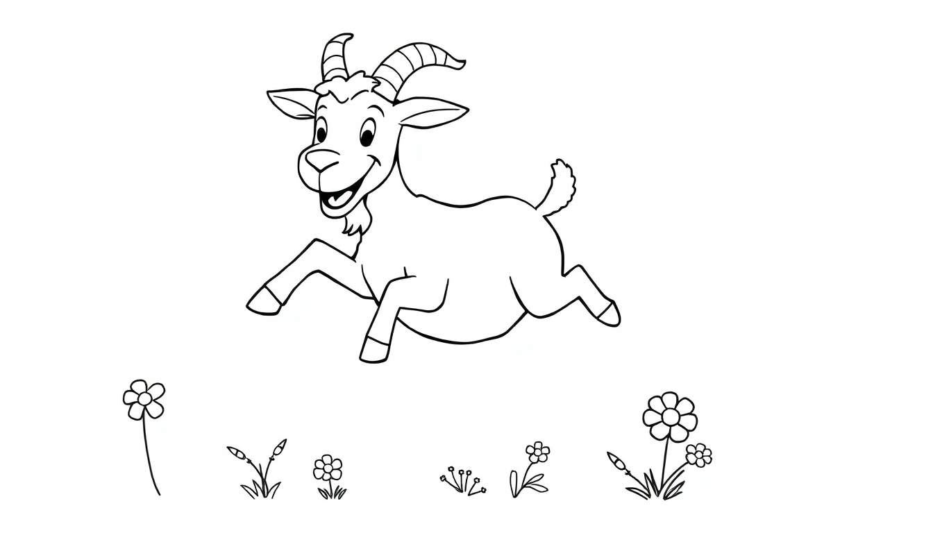 Um desenho em preto e branco de uma cabra sorridente pulando entre flores, perfeito para colorir em um color panel.