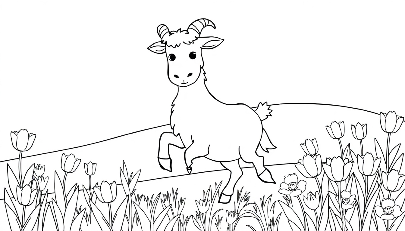 Desenho para colorir de uma cabra saltitante em um campo de flores com um color panel.
