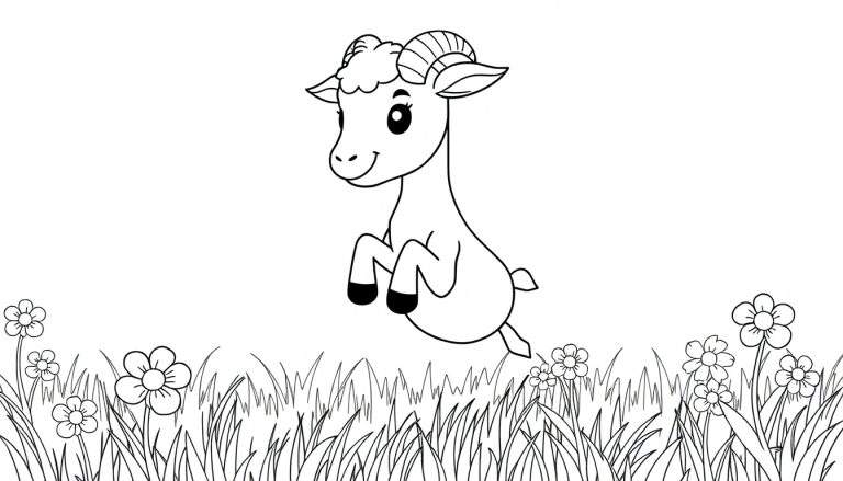 Um cabrito de desenho animado, com chifres curvos e um sorriso amigável, salta alegremente num campo coberto de grama e flores. Este é um color panel.