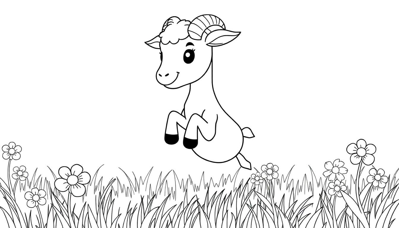 Um cabrito de desenho animado, com chifres curvos e um sorriso amigável, salta alegremente num campo coberto de grama e flores. Este é um color panel.
