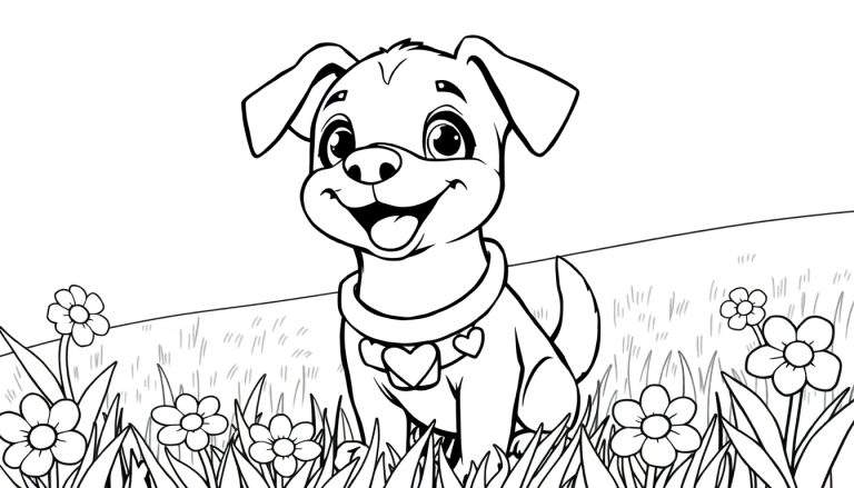Desenho em preto e branco de um cachorrinho fofo com um sorriso sapeca, sentado em um campo florido, pronto para colorir.