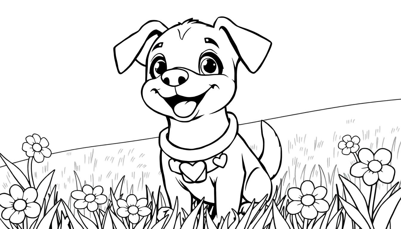 Desenho em preto e branco de um cachorrinho fofo com um sorriso sapeca, sentado em um campo florido, pronto para colorir.