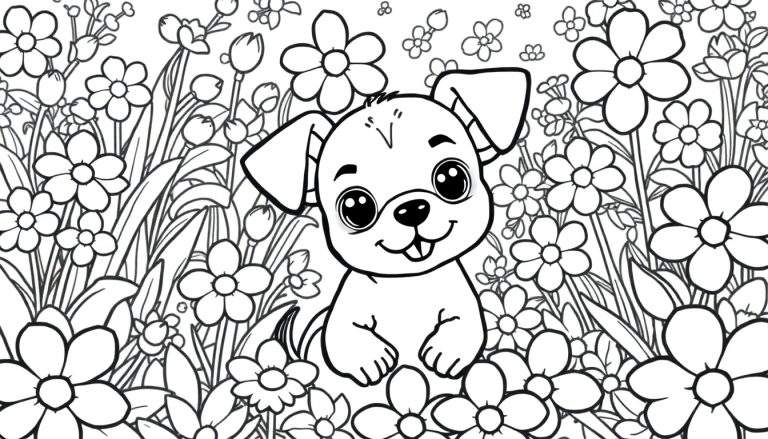 Desenho de contorno de um cachorrinho feliz sentado em um campo florido com borboletas.