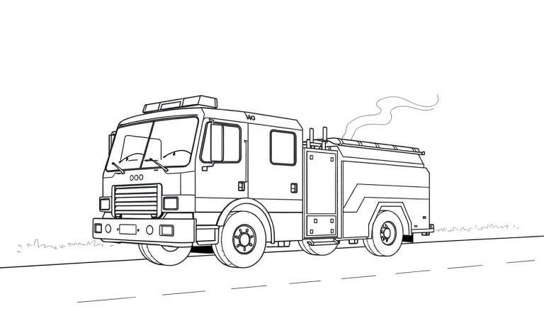 Um desenho em preto e branco de um caminhão de bombeiros em uma rua gramada, com fumaça saindo do topo.
