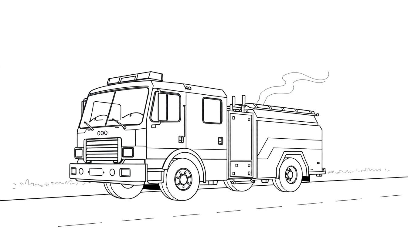 Um desenho em preto e branco de um caminhão de bombeiros em uma rua gramada, com fumaça saindo do topo.