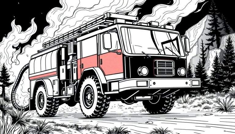 Um caminhão de bombeiros em preto e branco em uma paisagem rural com fumaça ao fundo, pronto para a ação.