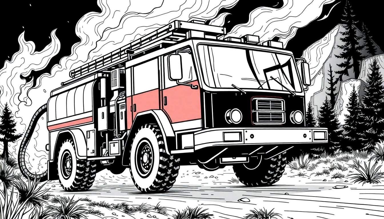 Um caminhão de bombeiros em preto e branco em uma paisagem rural com fumaça ao fundo, pronto para a ação.