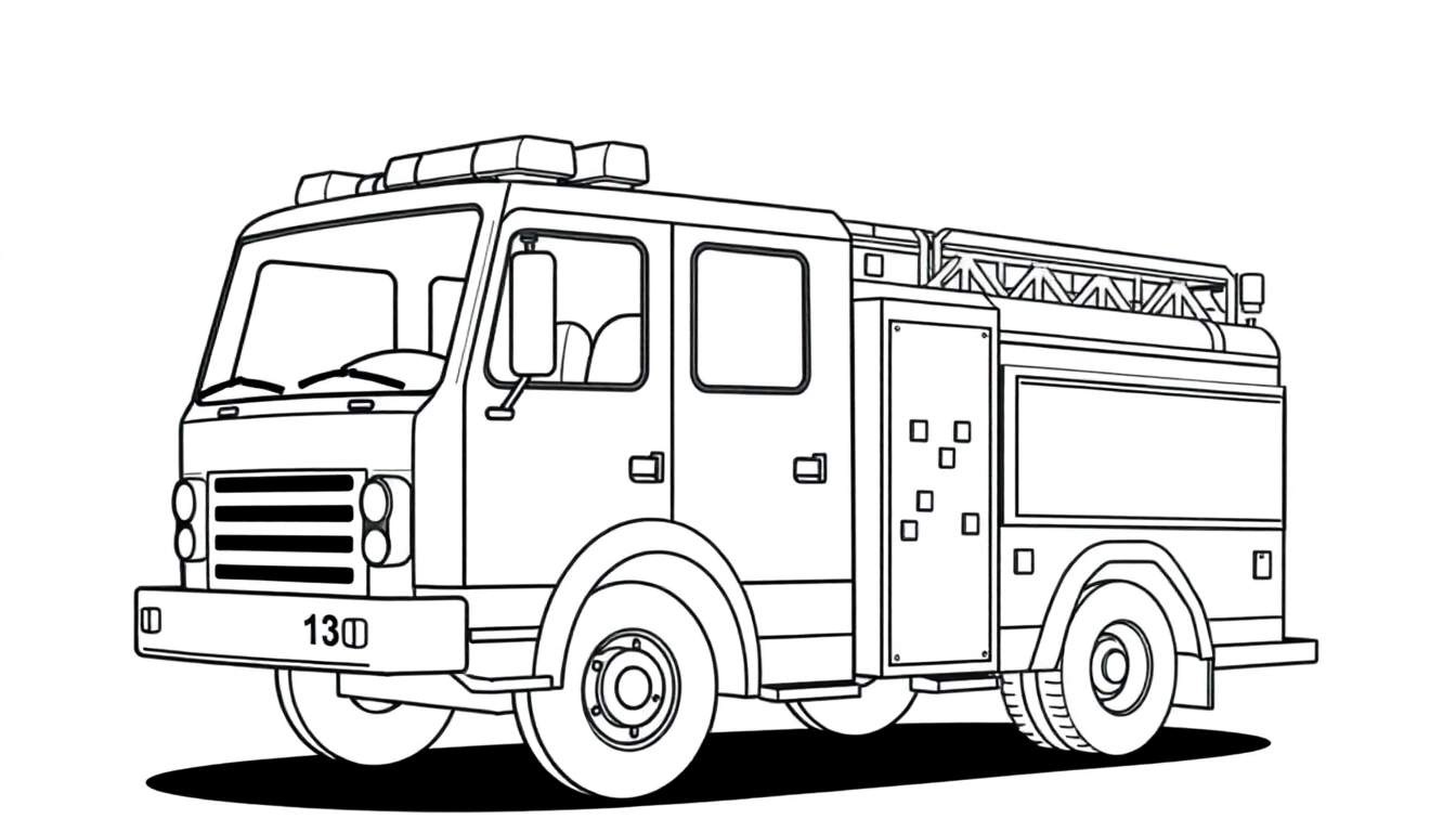 Desenho a preto e branco de um camião de bombeiros para colorir, com o número 130 na frente.