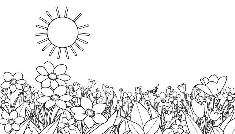 Um campo florido com o sol, para colorir. Um color panel com flores e uma borboleta.