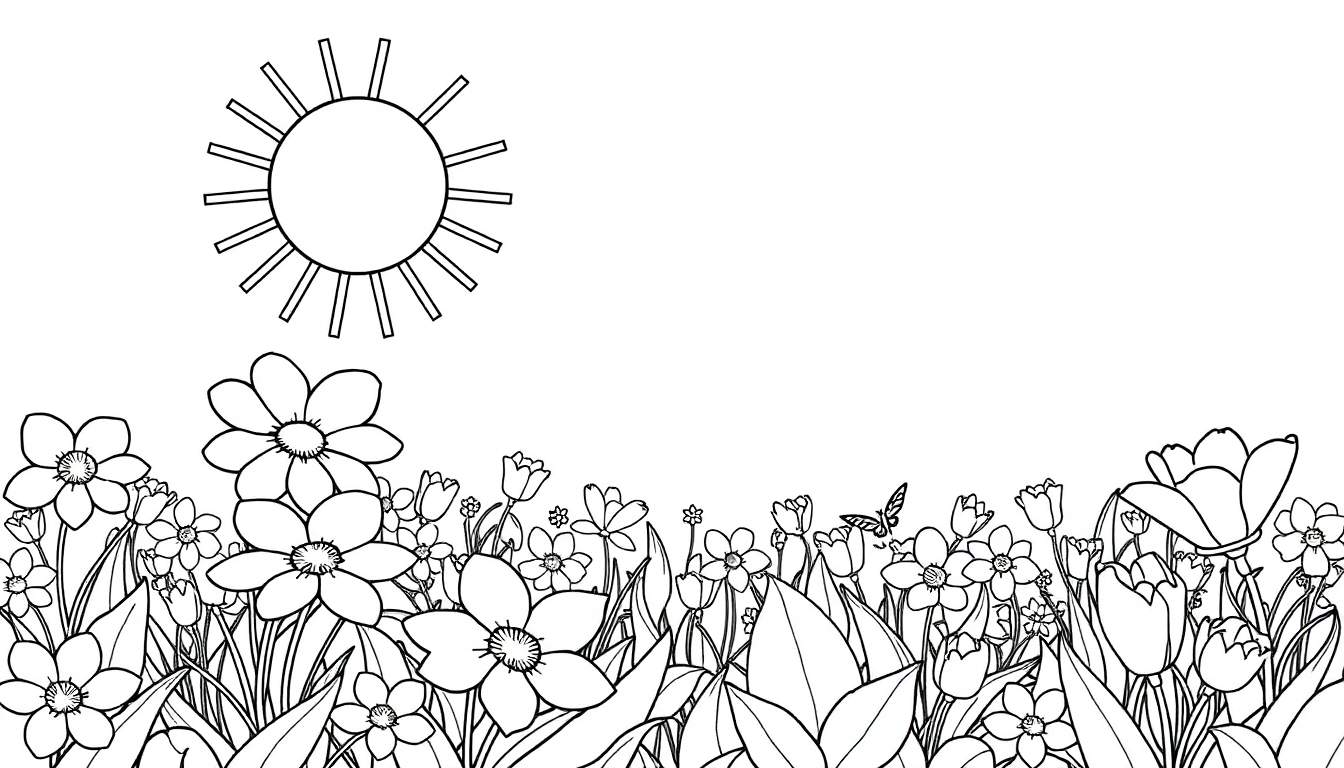 Um campo florido com o sol, para colorir. Um color panel com flores e uma borboleta.