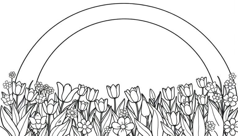 Desenho linear de um campo de flores com um arco duplo acima, com tulipas, margaridas e folhas.