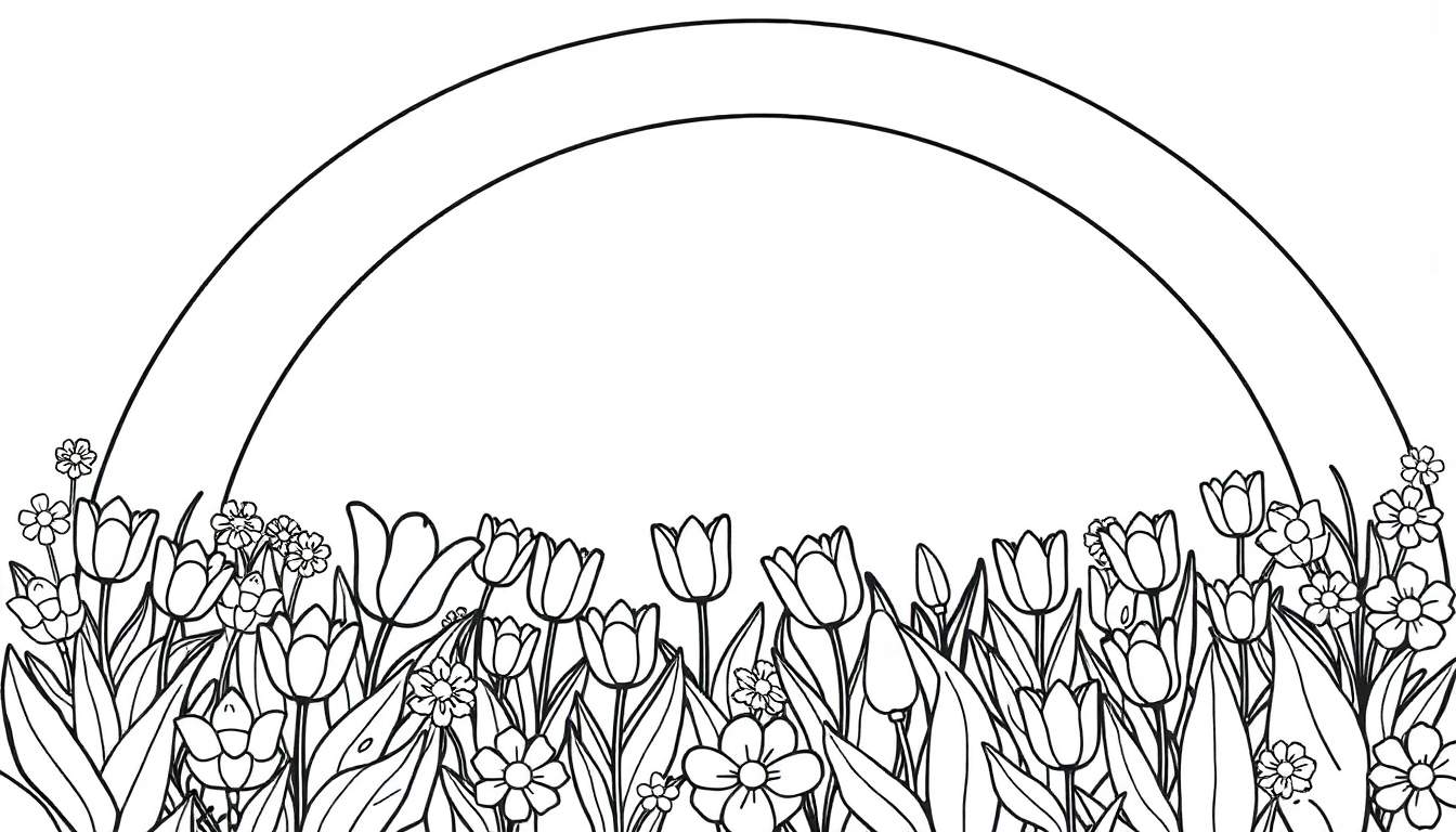 Desenho linear de um campo de flores com um arco duplo acima, com tulipas, margaridas e folhas.