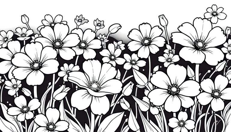 Um desenho em preto e branco de um campo de flores denso com borboletas.