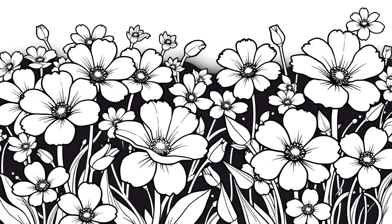 Um desenho em preto e branco de um campo de flores denso com borboletas.