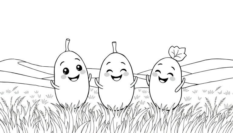Três batatas sorridentes de mãos dadas em um campo gramado, prontas para colorir em um color panel.