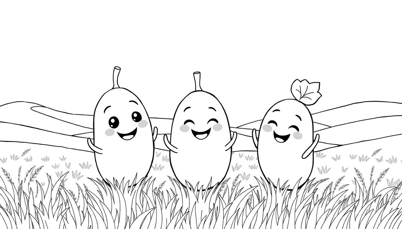 Três batatas sorridentes de mãos dadas em um campo gramado, prontas para colorir em um color panel.