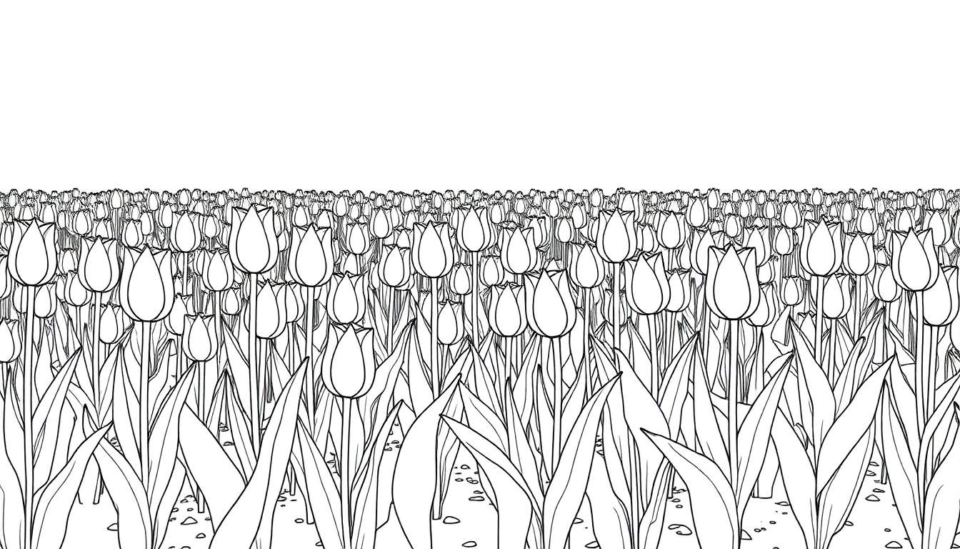 Um campo de tulipas em preto e branco, pronto para colorir, com um color panel esperando por suas cores vibrantes.