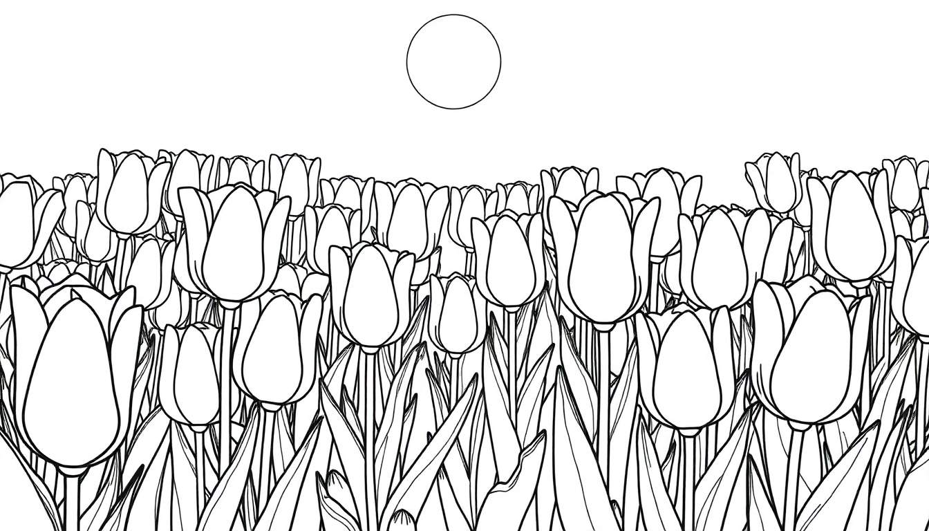 Um campo de tulipas em preto e branco com um círculo sol no alto, pronto para colorir.