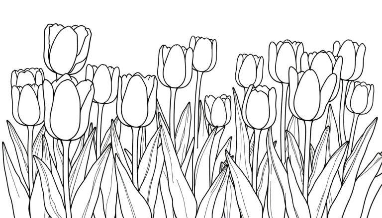 Desenho em preto e branco de um campo de tulipas em diferentes estágios de floração. O color panel está pronto para ser preenchido com cores vibrantes.