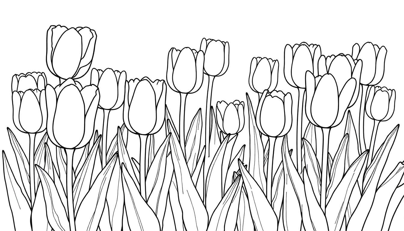 Desenho em preto e branco de um campo de tulipas em diferentes estágios de floração. O color panel está pronto para ser preenchido com cores vibrantes.