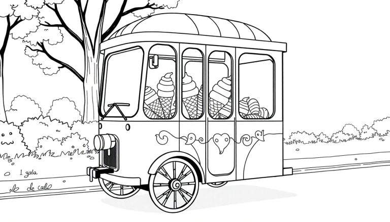 Carrinho de sorvete retrô preto e branco, com cones de sorvete e doces visíveis, em uma paisagem com árvores e arbustos desenhados. Design de arte linear, pronto para colorir.