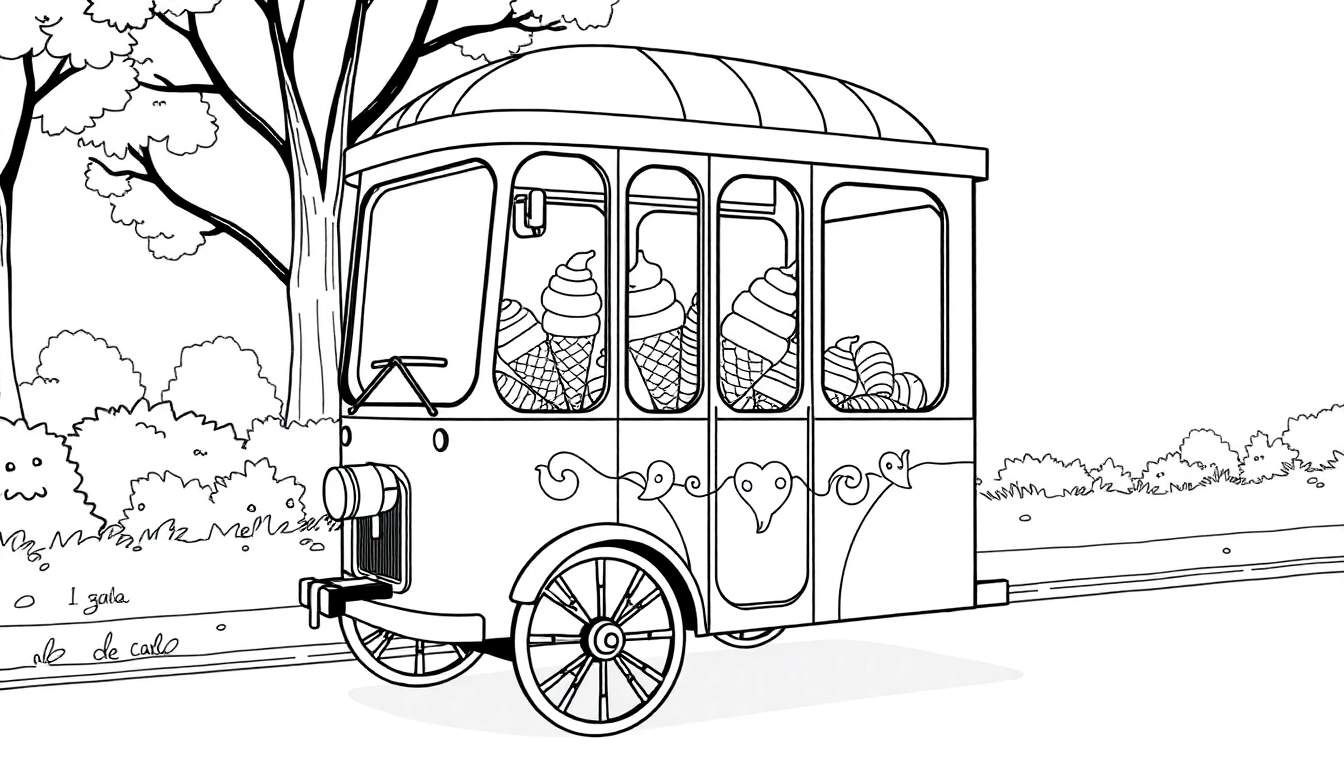 Carrinho de sorvete retrô preto e branco, com cones de sorvete e doces visíveis, em uma paisagem com árvores e arbustos desenhados. Design de arte linear, pronto para colorir.
