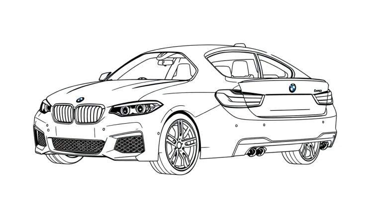 Um carro BMW branco e preto visto de frente e de lado, com detalhes modernos.