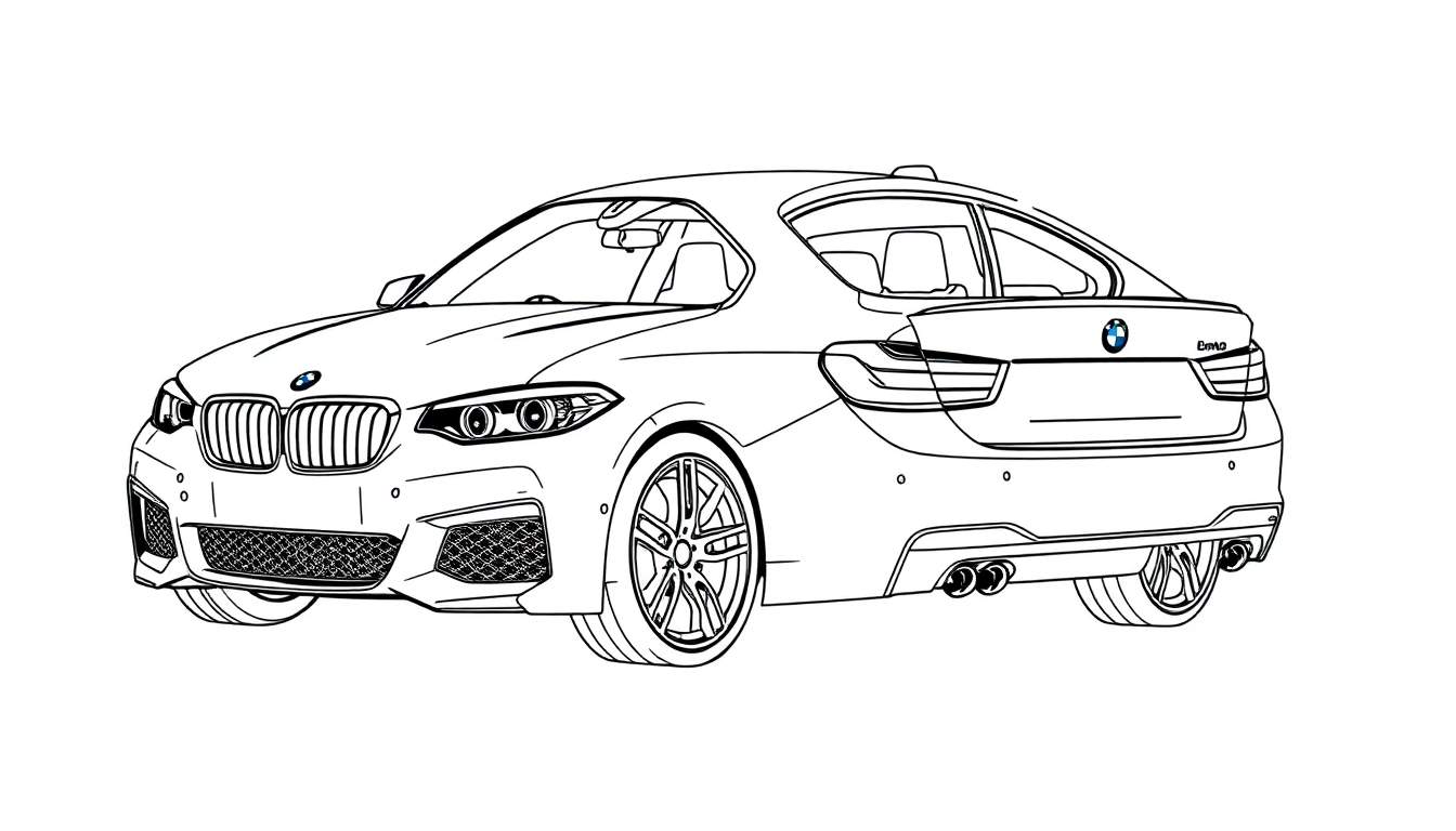 Um carro BMW branco e preto visto de frente e de lado, com detalhes modernos.