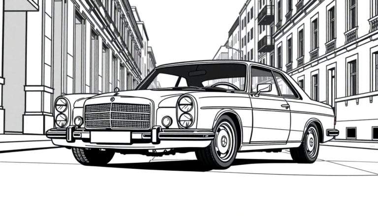 Um carro Mercedes-Benz clássico em preto e branco, com um detalhado color panel ao lado, pronto para ganhar vida com suas cores favoritas!