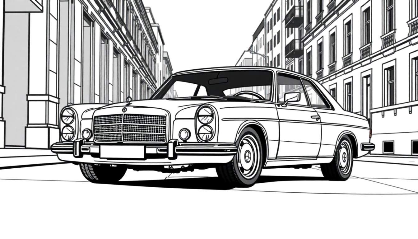 Um carro Mercedes-Benz clássico em preto e branco, com um detalhado color panel ao lado, pronto para ganhar vida com suas cores favoritas!