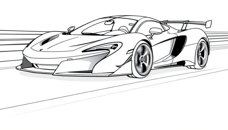 Desenho em preto e branco de um carro esportivo veloz com rodas borradas.