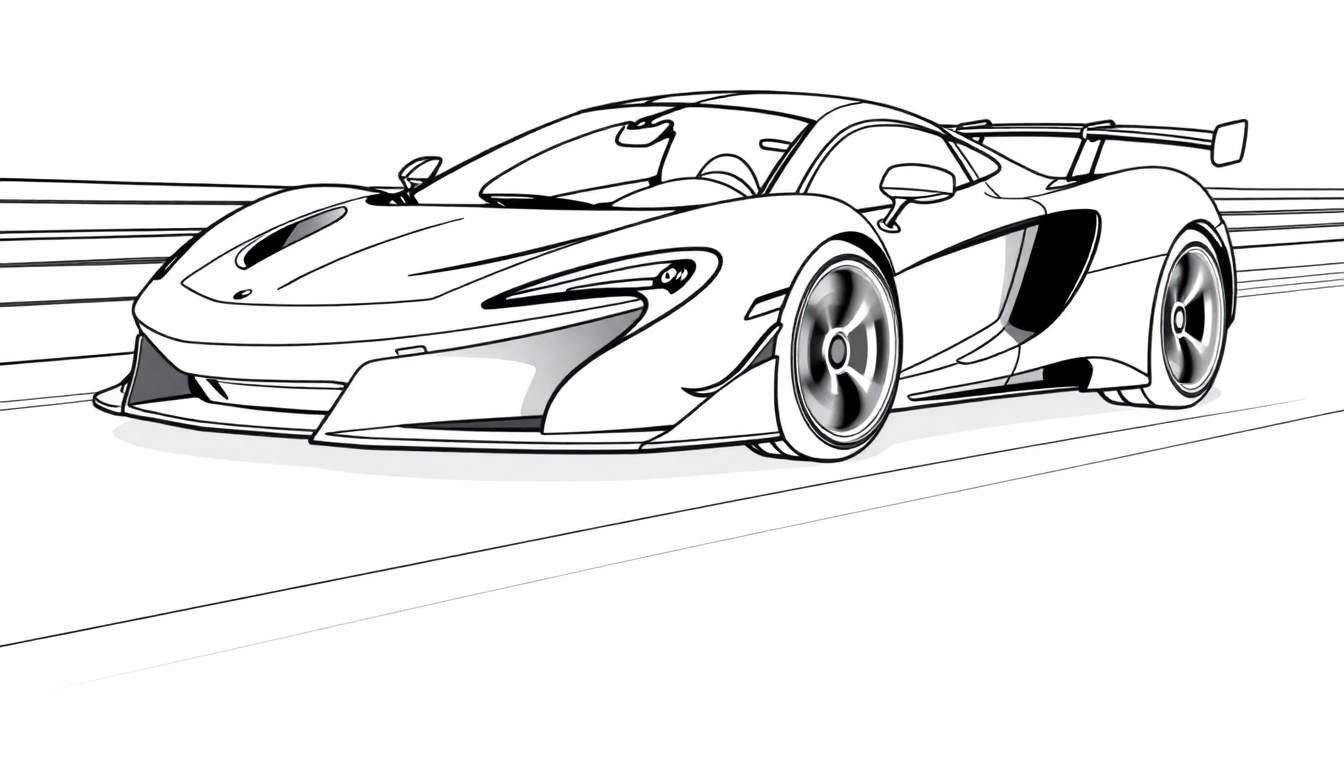Desenho em preto e branco de um carro esportivo veloz com rodas borradas.