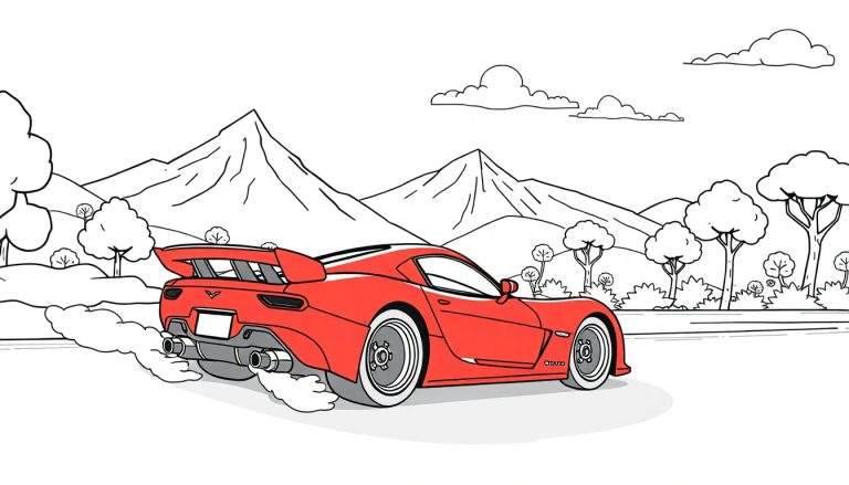 Página de colorir de um carro esportivo vermelho em alta velocidade com fumaça de pneu e paisagem montanhosa.