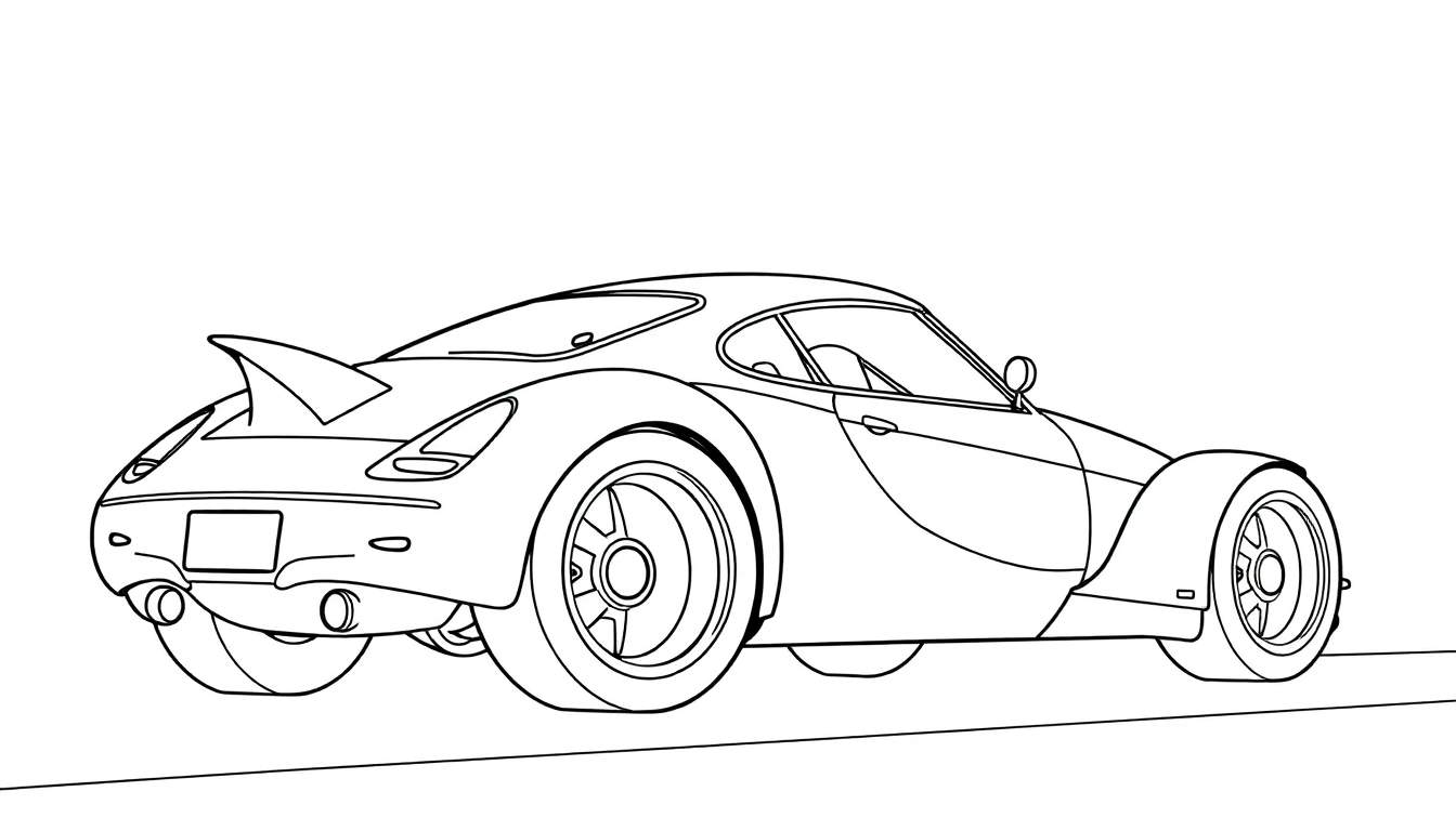 Um carro esportivo desenhado com linhas limpas, visto de trás e de lado, com um spoiler e duas saídas de escape. Inclui um color panel para atividades artísticas.