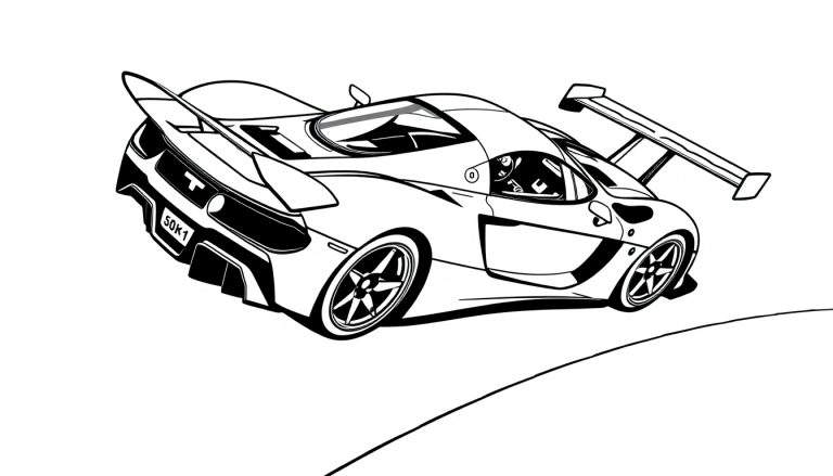 Desenho em preto e branco de um carro esportivo rápido com aerofólio traseiro e rodas de raios complexos na pista.
