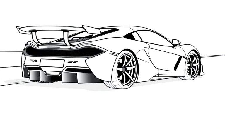 Um carro esportivo branco com detalhes em preto, aerofólio e rodas grandes, pronto para ser pintado.