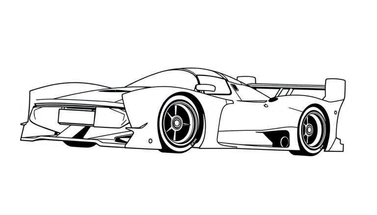 Um carro de corrida esportivo desenhado com linhas finas pretas sobre um fundo branco, com grande asa traseira e rodas detalhadas.