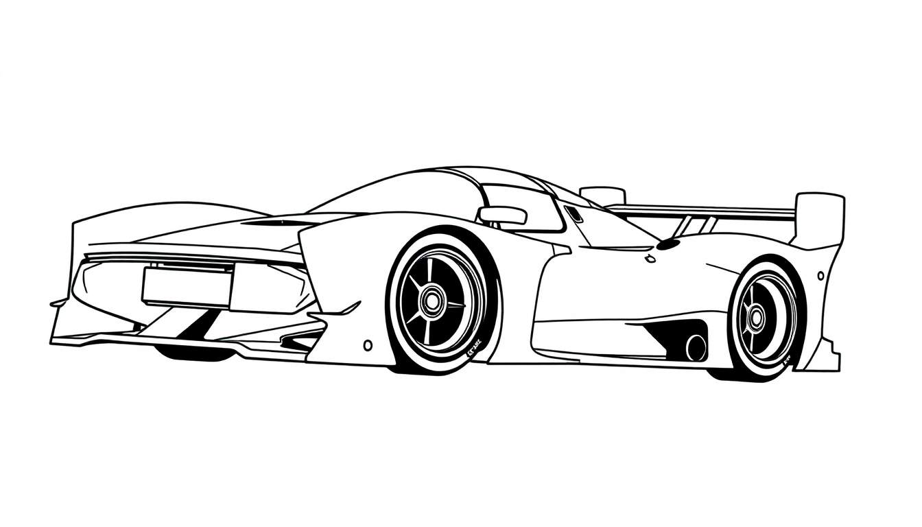 Um carro de corrida esportivo desenhado com linhas finas pretas sobre um fundo branco, com grande asa traseira e rodas detalhadas.