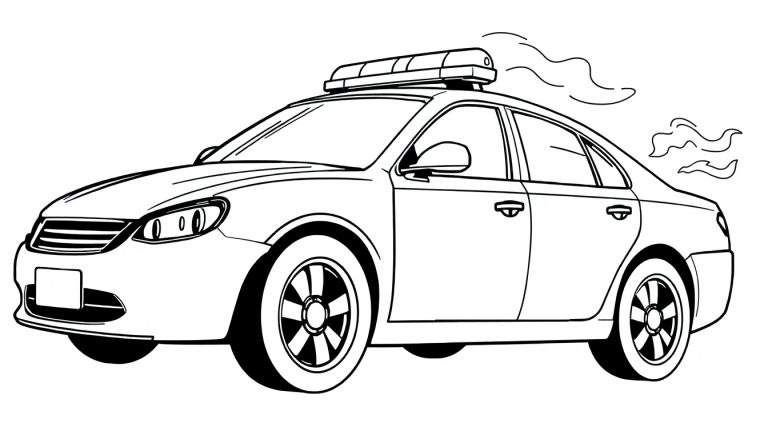 Um carro de polícia estilo desenho animado em preto e branco com linhas grossas, rodando rápido.