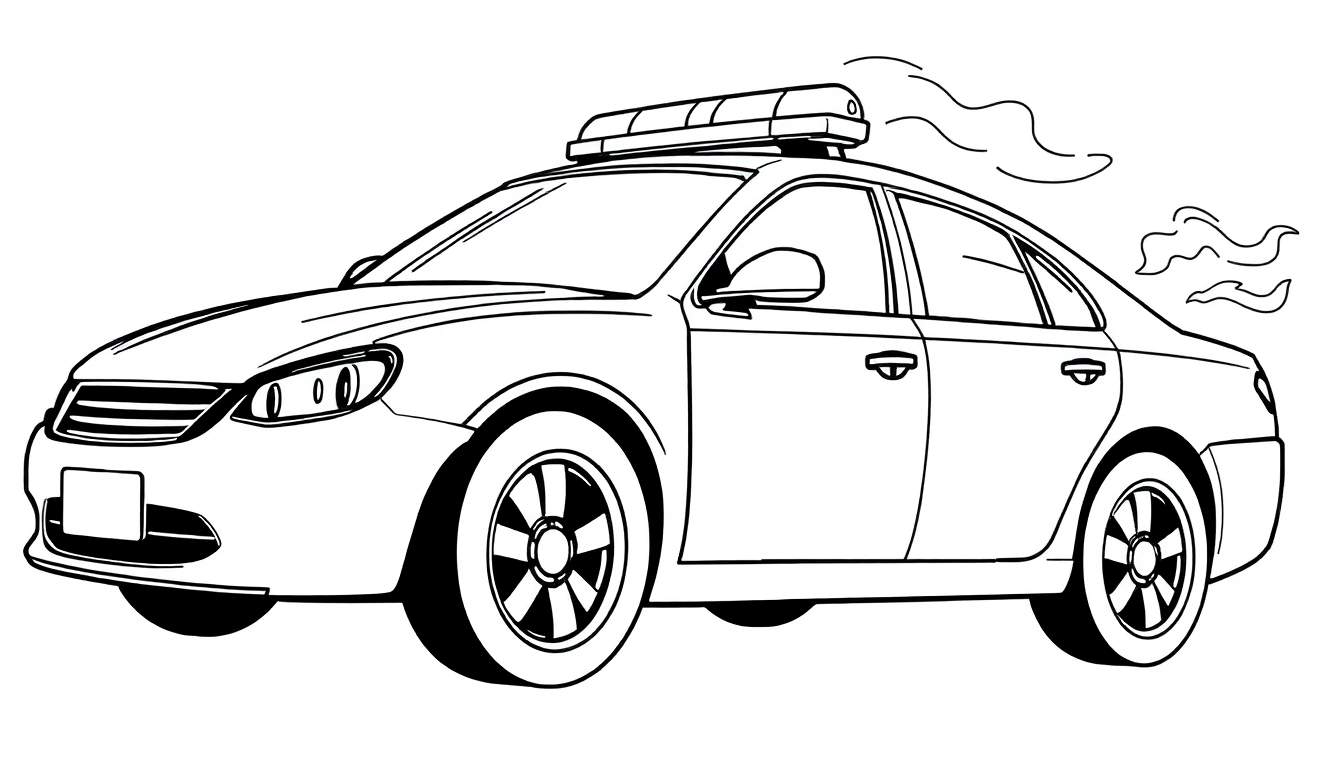 Um carro de polícia estilo desenho animado em preto e branco com linhas grossas, rodando rápido.