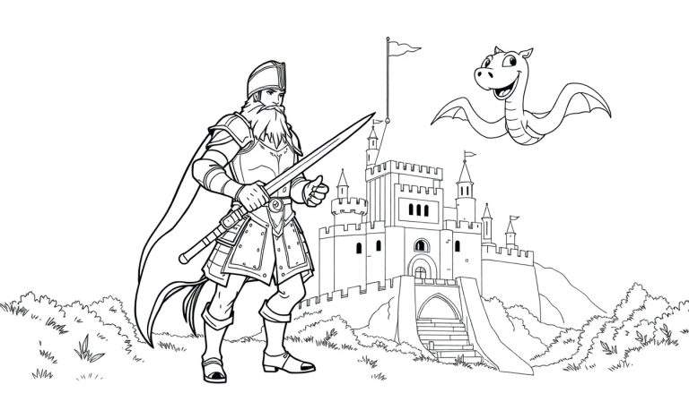 Um cavaleiro com armadura e espada em frente a um castelo com um dragão sorridente voando no céu. Vegetação aparece na parte inferior do color panel.