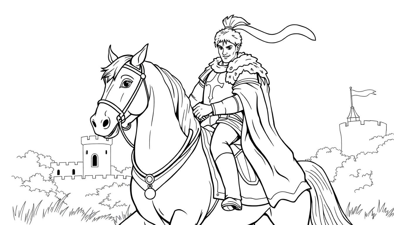 Um cavaleiro em armadura sobre um cavalo, com castelos ao fundo, em um desenho linear para colorir.