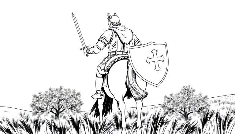 Um cavaleiro de costas em um cavalo com uma espada e escudo, com árvores e fundo branco.